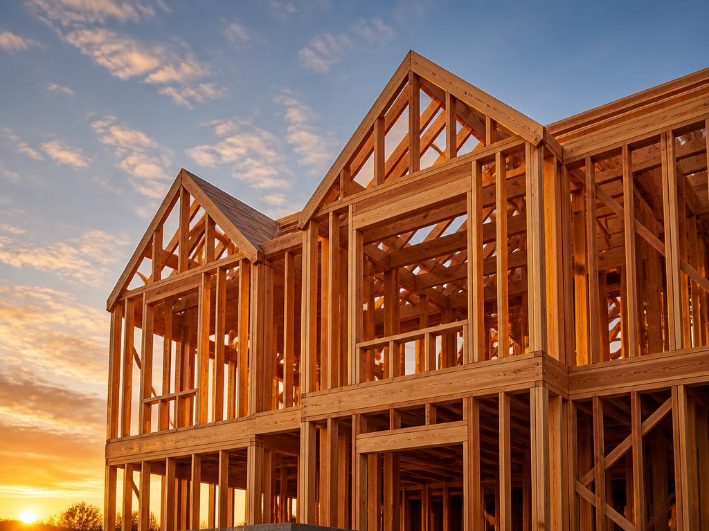 New residential construction framing at golden hour