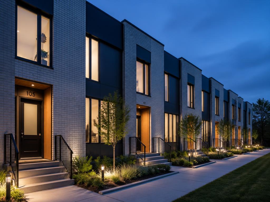 Row of modern rental townhomes at dusk